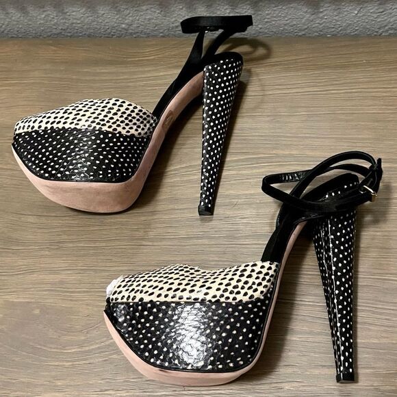 Giambattista Valli Black Ivory Polka Dot Snakeskin Peep Toe platform Sandal 38 8 - Picture 6 of 13